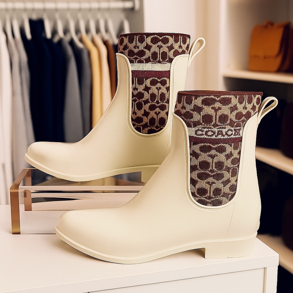 Coach Women's Cream and Brown Rain Boots